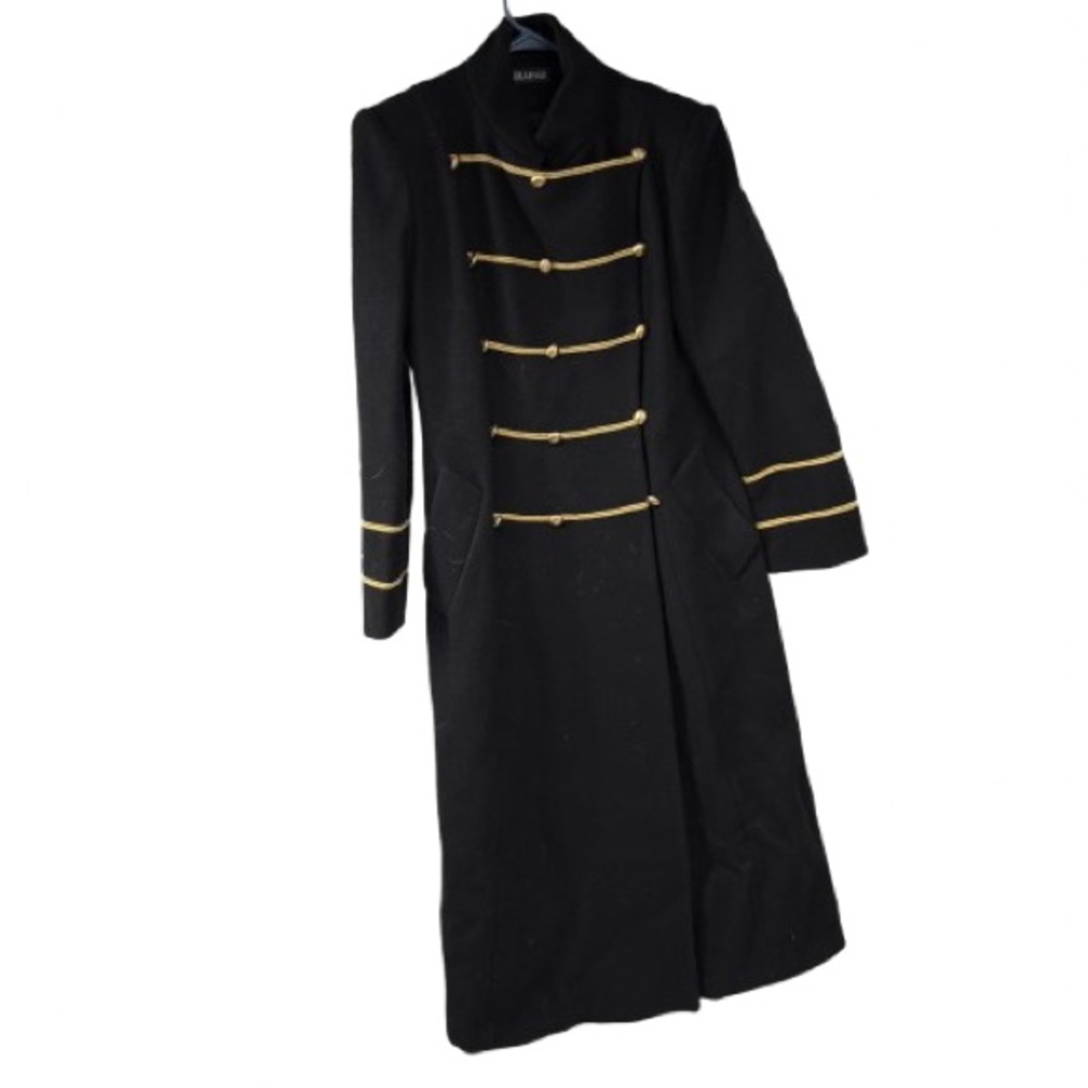 Vintage Braefair Black Gold Piping Long Wool Military Style Coat Steampunk